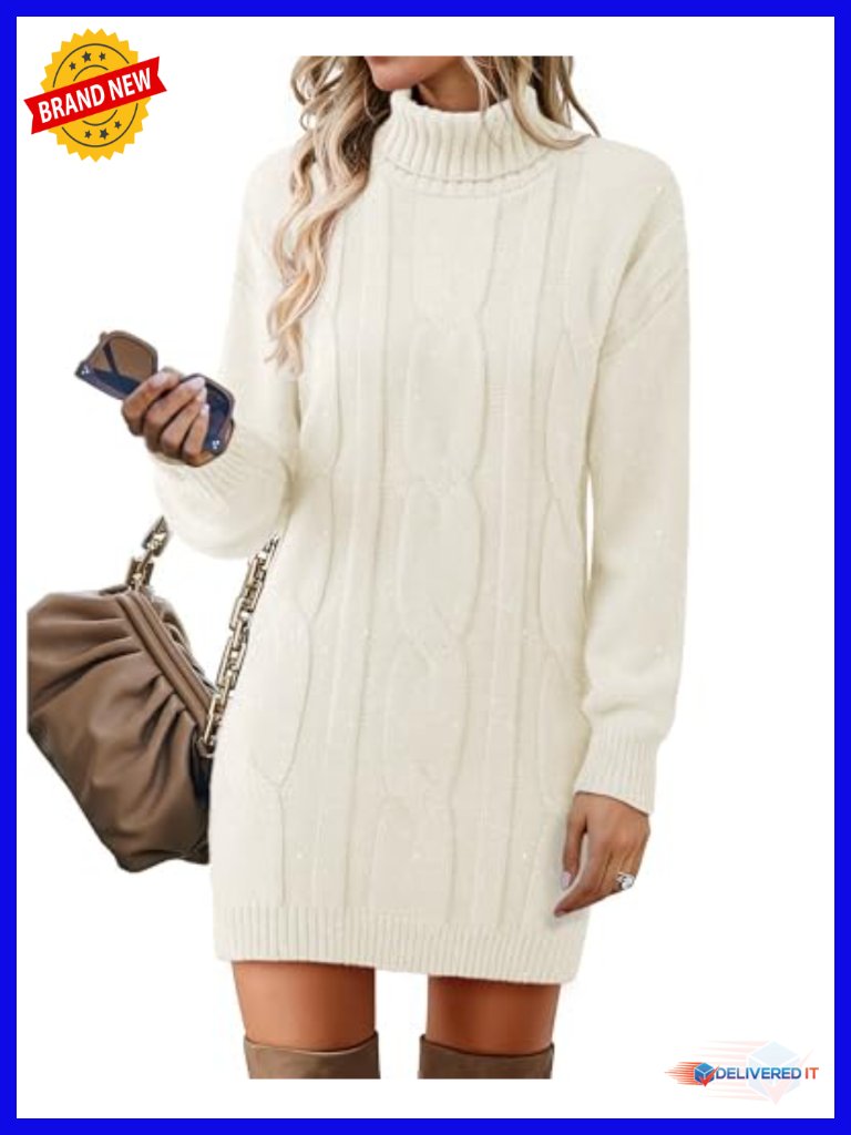 Long Sleeve Turtleneck Sweater Dress Ribbed Knit Midi